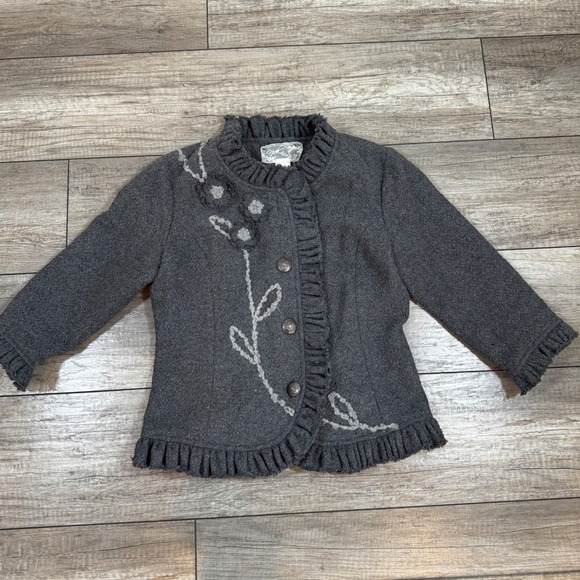 My Best Me Gray Wool Blend Jacket Ruffle Trim Floral Applique Medium - Picture 2 of 9